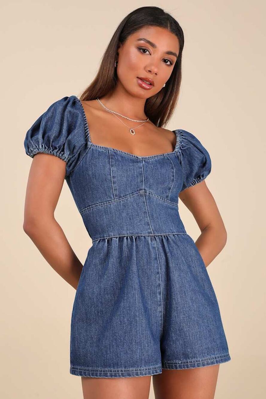 Lulus Feylith Medium Wash Denim Romper Blue Lace Up Back Party Date Coffee Large